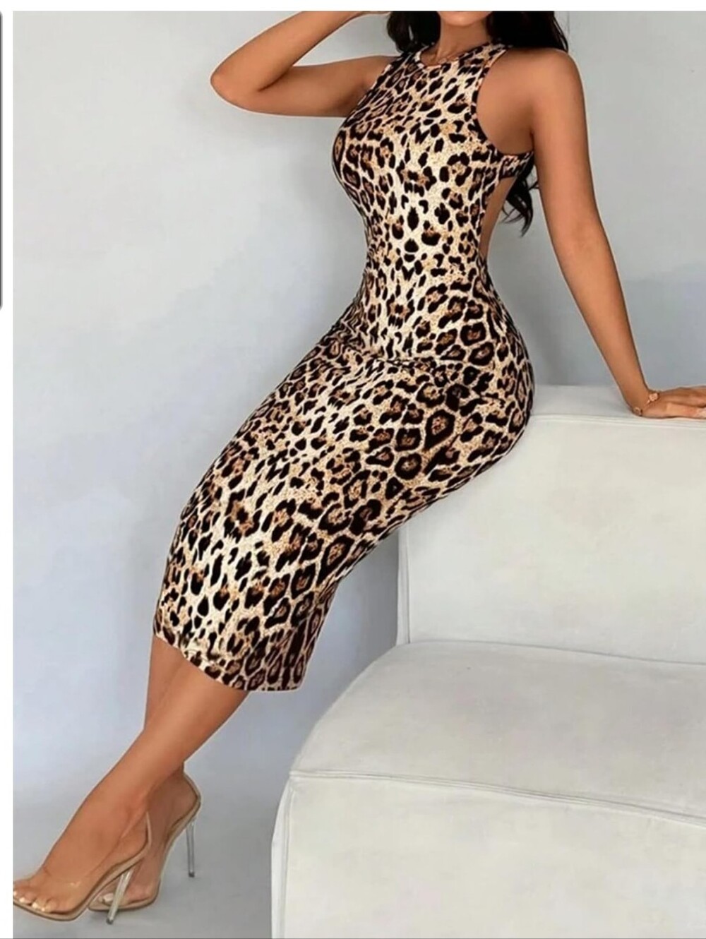 Sleeveless Leopard Print Bodycon Midi Dress - Brown  Size Small NIP